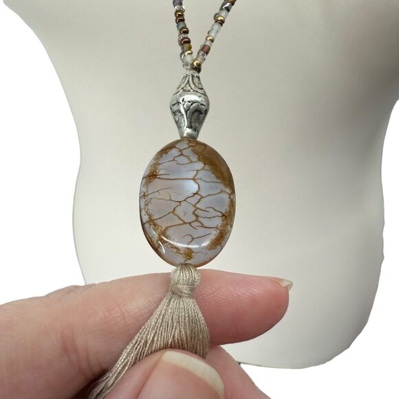 J. Jill Multi-Beaded Strand Necklace Long Agate Pendant Tassel Statement Metal - Picture 10 of 12